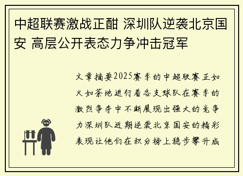 中超联赛激战正酣 深圳队逆袭北京国安 高层公开表态力争冲击冠军